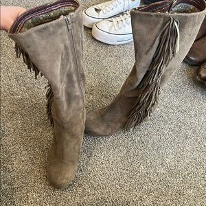 Tan Heeled Fringe Boots